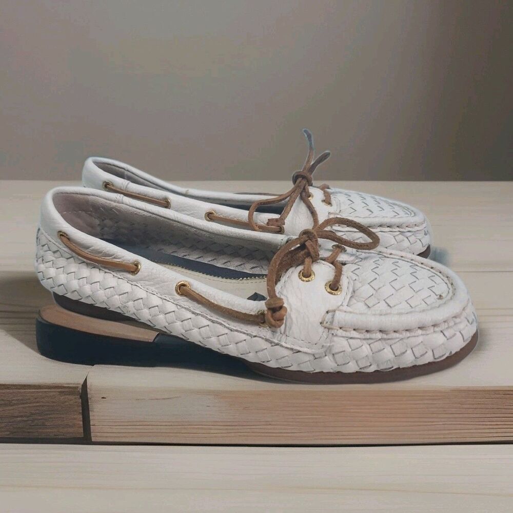 Sperry Women Sz 7 Boat Shoes Top Siders Flats White AUDREY Woven Leather